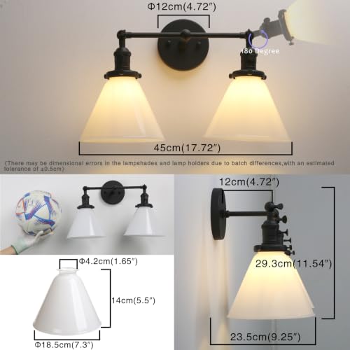 Image of Double Sconce Vintage Industrial Black 2-Lights Wall Sconces with Funnel Flared Glass Milk Glass Shade Antique Scocne for Bathroom Living Room Home Office