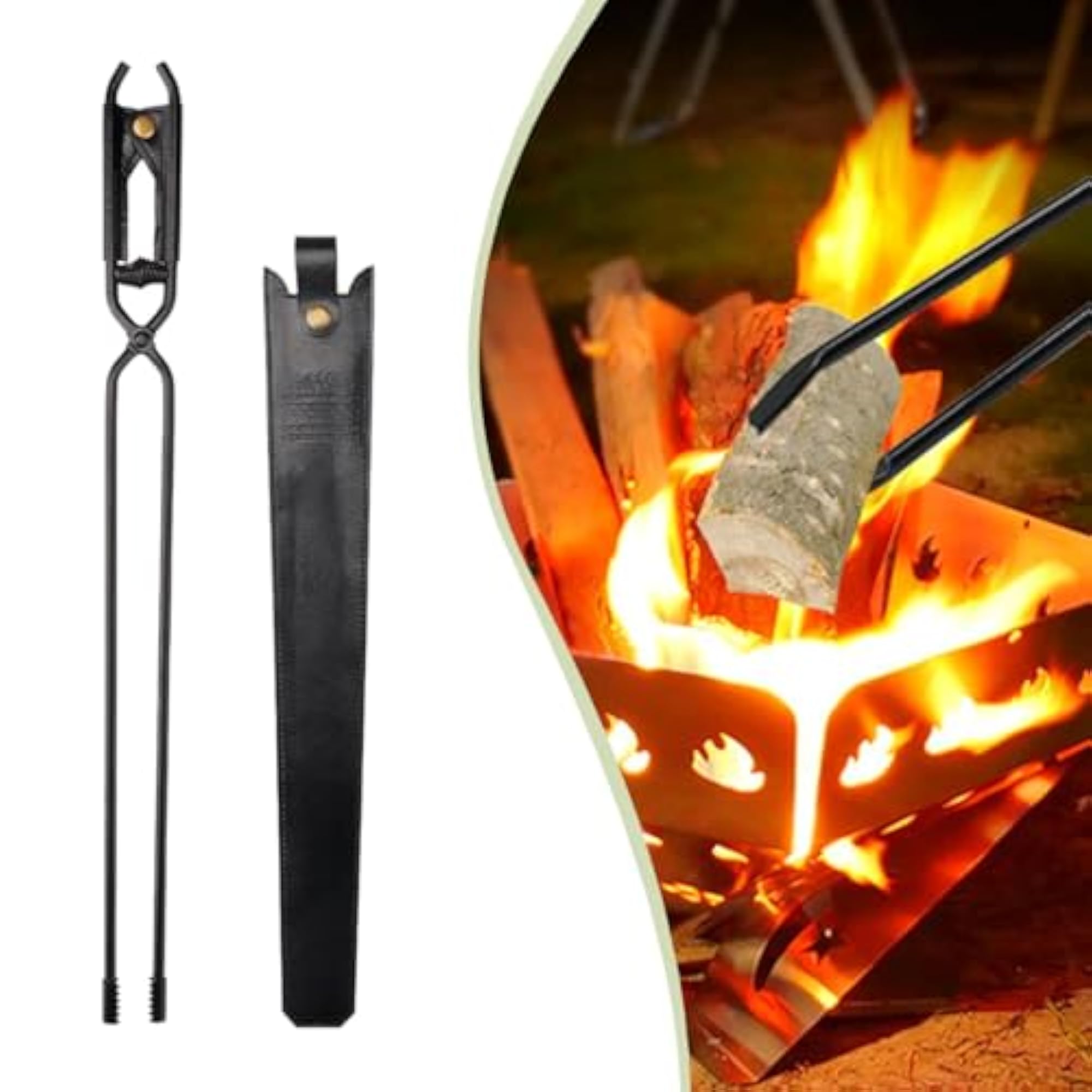 Campfire Tongs with PU Leather Sleeve for BBQ