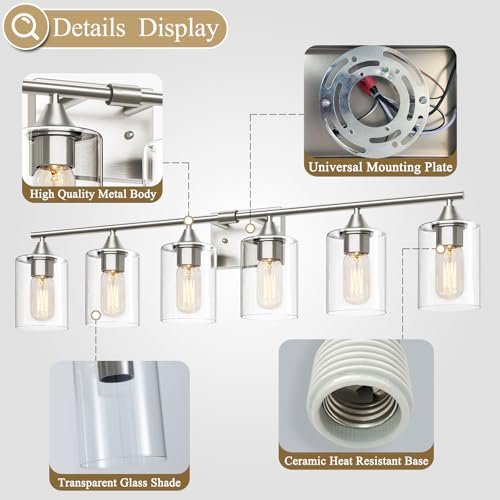 Image of 6-Light Bathroom Lighting Fixtures Over Mirror,Brushed Nickel Light Fixture Bathroom,Vanity Light with Clear Glass Shade,Modern Wall Lights for Mirror Bedroom Living Hallway