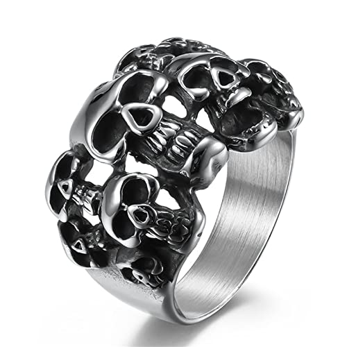 DHetyE Anillos de Moda, Anillos for Hombre, Anillo de Calavera, gótico Vintage Acero Inoxidable con for(Silver Plata,10)