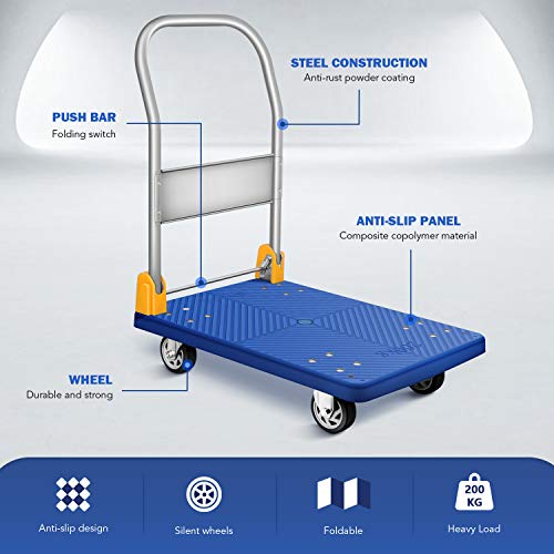 Platform Truck With 440Lb Weight Capacity And 360 Degree Swivel Wheels, Foldable Push Hand Cart For Loading And Storage, Blue #TOP3