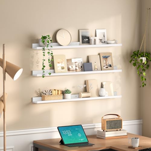 Image of HOOBRO Floating Shelves, Wall Shelf Set of 3, 35.4 Inches Hanging Shelf with Raised Edge and Invisible Brackets, for Bathroom, Bedroom, Kitchen, Office, Living Room Decor, White WT90BJ01