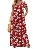 IN'VOLAND Red Dress Plus Size for Women Spring Crewneck Tshirt Dresses Casual Loose Floral Maxi Dress with Pockets
