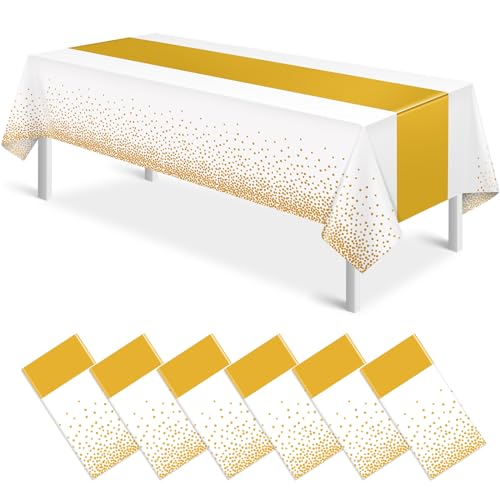 Image of 6Pcs White and Gold Tablecloth Party Decorations,Plastic White Table Cloth Printed Gold Table Runner Disposable Rectangle Table Cover for Birthday Wedding Anniversary Graduation Party,54 x108 Inch