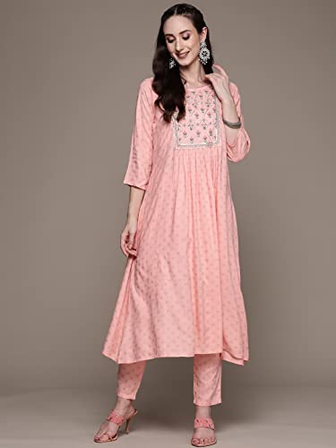 Image of anubhutee Women's Rayon Peach Gota Patti work Floral Embroidered A-Line Kurta Suit Set with Pants