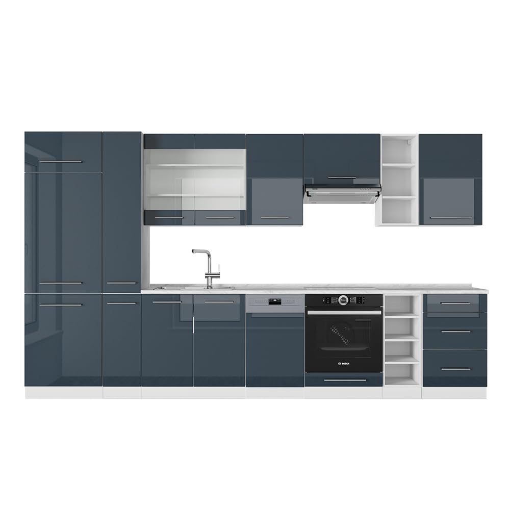 Vicco Ligne de Cuisine Fame-​Line, Bleu foncé Brillant, 355cm sans PT, adapté à Une Extension individuelle avec des modules supplémentaires