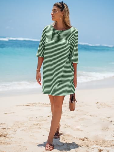 Image of EXLURA Women's Summer T Shirt Dress Casual Short Sleeve Loose Striped Mini Dresses 2026 Vacation Beach Sundress Pockets