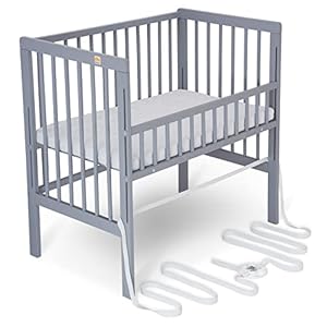 FabiMax Baby Beistellbett für Boxspringbett, TÜV geprüft 2022, Buche massiv grau, inkl. Matratze Comfort