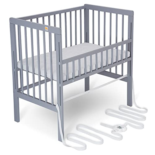 FabiMax Baby Beistellbett für Boxspringbett, TÜV geprüft 2022, Buche massiv grau, inkl. Matratze Comfort