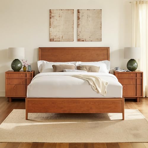 Image of Nightstand Set of 2, Bedside Table for Bedroom, End Table | Mid Century Modern, Charging Station, 2 Drawers Storage, Skeleton Line Design, Wood Grain, Minimalist, Cherry