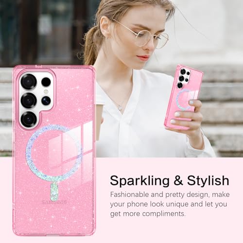 Image of BENTOBEN for Samsung S25 Ultra Case Clear Glitter, Galaxy S25Ultra Magnetic Phone Case [Compatible with MagSafe] Shockproof S25 Ultra 6.9-inch Cute Cover for Women Girl, Shine Hot Pink Glitter