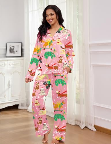 Image of SHESHOW Satin Pajamas Set for Women Set Long Sleeve Button Down Pjs Sets 2 Piece Loungewear Animal Sleepwear XS-XXL
