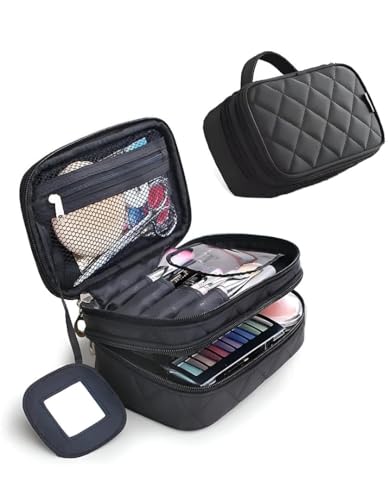 Image of Cosmetic Pouch, Make up Bag for Home & Travel, Toiletry Bag for Cosmetics, Brushes, Accessories Set of 3 - Wash Bag - Light Pink and Black (Blue) (Yellow-H)