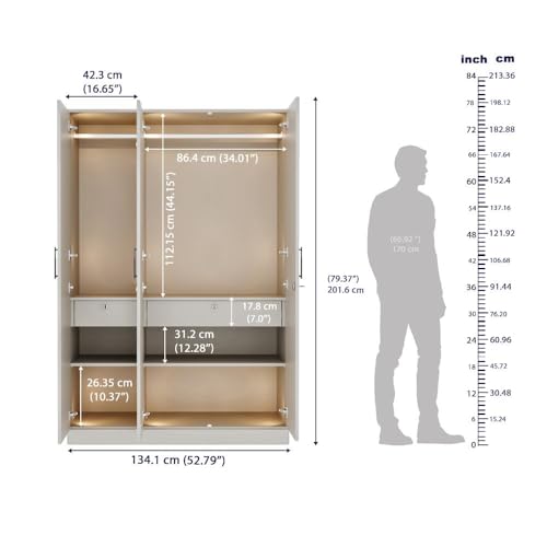 Image of Wakefit Wardrobe for Bedroom | 3 Yr Warranty | Cupboard for Bedroom, Almirah, Wooden Wardrobe, Comes with LED light, Storage Drawer, Mirror & Hanger, Density:680-750kg /m, Free Installation(Tyrian-LG)