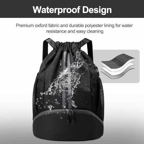 Sports Drawstring Backpack - String Swim Gym Bag with Shoes Compartment and Wet Proof Pocket for Women&Men， Pull String Sport Bag for Soccer and Basketball. (Black)