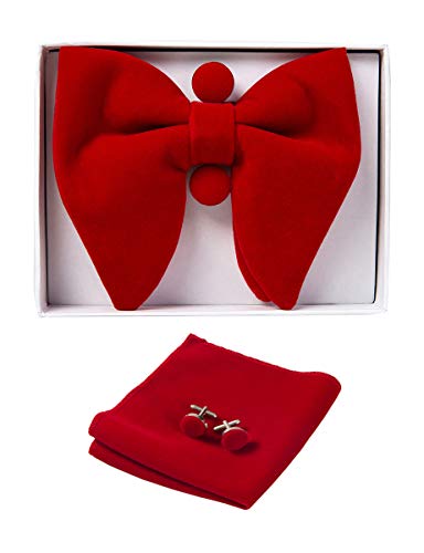 Image of GUSLESON Mens Solid Plaid Velvet Pre-tied Adjustable Bow Tie and Pocket Square Cufflink Set with Gift Box