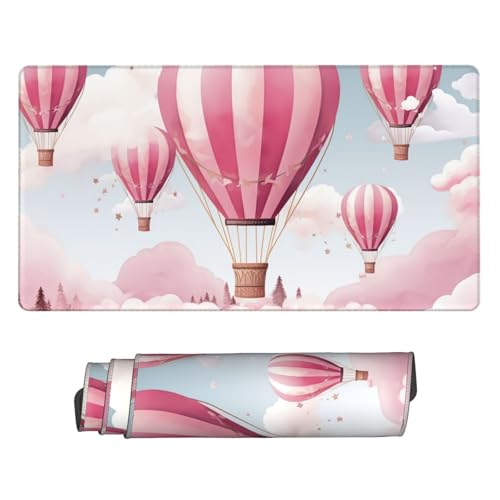 Tapis de souris de jeu avec bords cousus robustes et design montgolfière rose imperméable 40x75cm