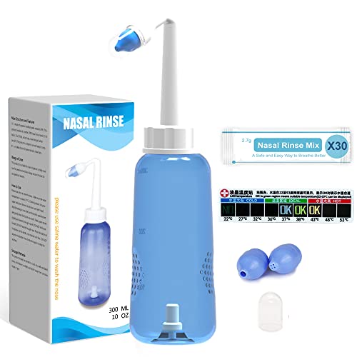 Nasal Irrigation System-300ml 10oz Nasal wash Bottle Sinus Rinse BPA-Free Nasal Rinse Nose Wash Cleaner Bottle Nasal Care for Adult & Kid with 30 Nasal Wash Salt Packets and Sticker