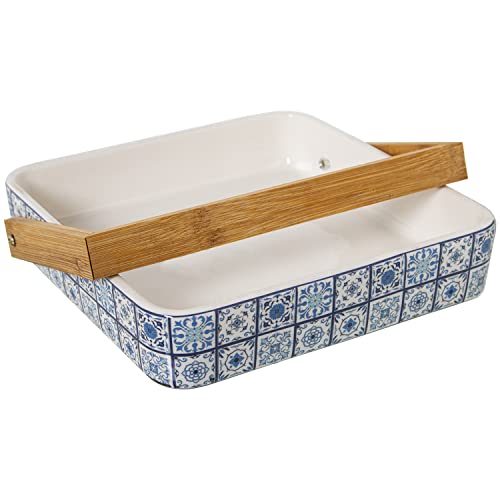 DRW Servilletero Cuadrados de cerámica y asa de Madera Mosaico Azul 18x18x4cm