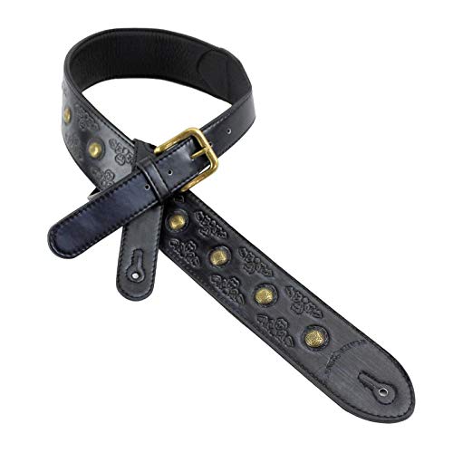 Walker & Williams GE-206 Glazed Black Viking Style Guitar Strap with Antiqued Brass Coin Studs