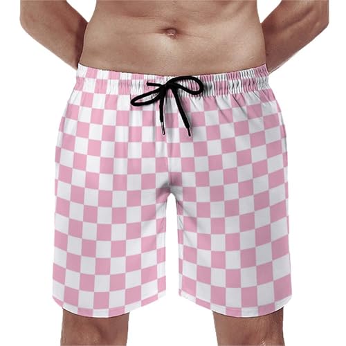 Pink Pastel Checkered Print Mens Swim Trunks, Quick Dry Swim Shorts with Mesh Lining Swimwear Bathing Suits