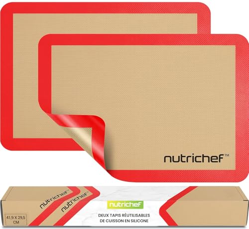 NutriChef Tapis de Cuisson en Silicone, 2 Tapis Antiadhésifs de Qualité Alimentaire, 42 x 29 cm, Résistant au Four Jusqu'à 480°F, Lavable au...