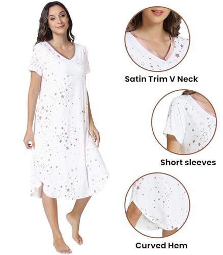 Image of NACHILA Nightgowns for Women-Viscose Made from Bamboo, V Neck Sleepshirts Short Sleeve Sleepwear Cool Nightshirt