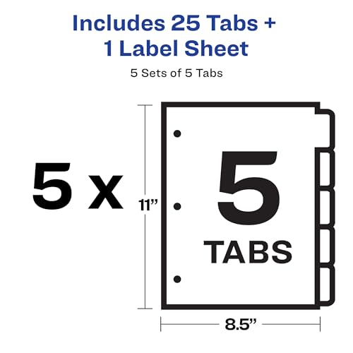 Image of Avery 5 Tab Dividers for 3 Ring Binder, Easy Print & Apply Clear Label Strip, Index Maker Customizable White Tabs, 5 Sets (11436) (Pack of 10)
