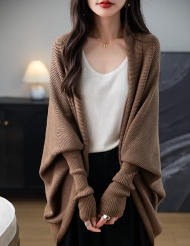 Women's Merino Wool Blend Oversized Cardigan 2025 Fall Winter Open Front Batwing Sleeve Rib Knit Slouchy Sweater3