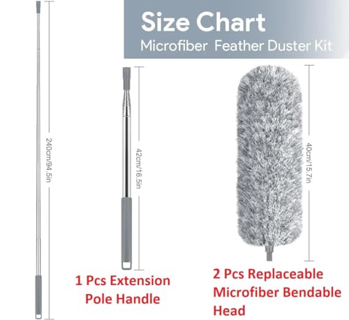 Image of Microfiber Extendable Feather Dusters for Cleaning High Ceiling Duster, 1Pcs 100 inch Extension Pole & 2pcs Replaceable Bendable Head, Fan Mop for Cleaning High Ceiling Fans, Blinds, Cobweb (Grey)