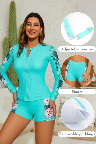 SHEKINI Women's 3 Piece Rash Guard Long Sleeve Swimsuits Removable Pads Zip Up Swim Shirts with Boyshorts4