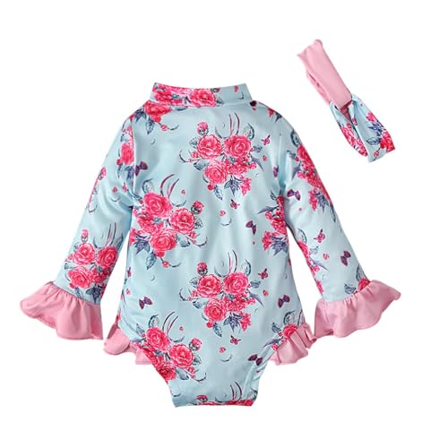 Toddler Girls Swimsuit One 𝗣iece Floral Ruffle Bathing Suits with Towel Ruffle Long Sleeve Rash Guard Zipper Swimwear2
