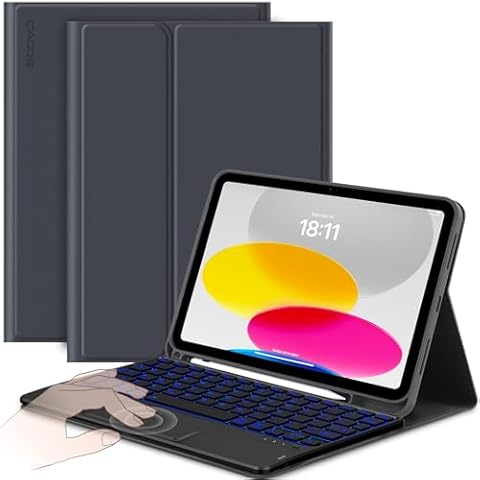 CACOE Case Keyboard Compatible with iPad 10th Generation, Keyboard Compatible with iPad 10 10.9 inch 2022 A2757/A2777 with Touchpad, 7-Color Lighting Detachable Wireless Keyboard, Grey Cover