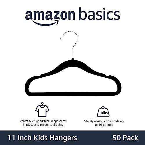 Image of Amazon Basics Kids Space Saving Velvet Non-Slip Clothes Hangers with Shoulder Notches for Infant and Toddler, 11.6 inch, Black, 50-Pack