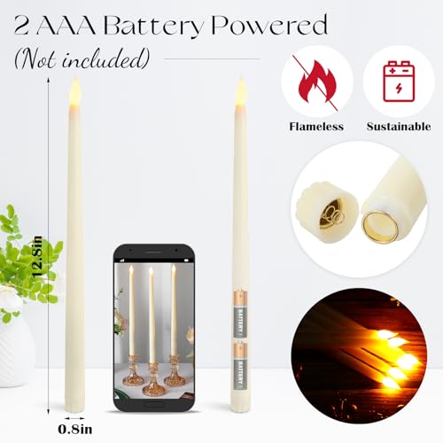 Image of Baquler 24 Pcs 12.4 Inch LED Flameless Taper Candles Battery Operated Candles Bulk Ivory LED Candlesticks Flickering for Christmas Wedding Home Decor