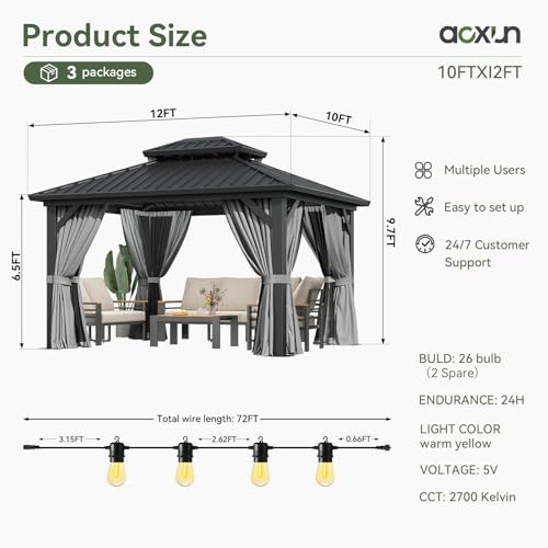 Aoxun 12'x10' Hardtop Gazebo with Light, Aluminum Frame Permanent Pavilion with Curtains and Netting, Outdoor Galvanized Double Roof Canopy, Designed for Garden, Lawns, Patio (Black/Grey)