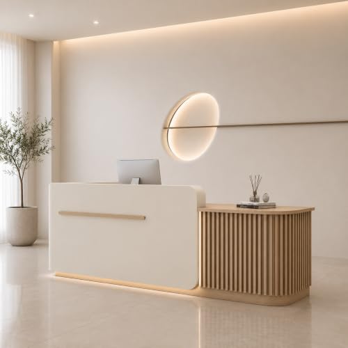 Image of Luxury Curved Reception Desk with Fluted Side Panel and Extended Counter for Office Lobby, Salon, Spa, Clinic, Hotel - (RCT-200 MDFL L8W2)