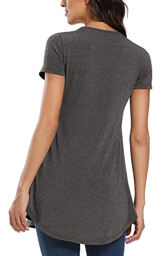 Pacbreeze Women's Maternity Top/Shirts Side Ruched Button Front Babydoll Tee Top Mama Pregnancy Clothes With Short Sleeve(Dark Heather Gray, Medium) #TOP4