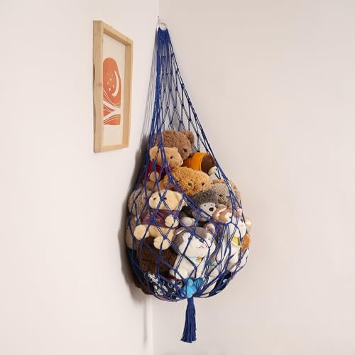 Image of Amdermi Stuffed Animal Storage Toy Hammock Corner Hanging Net for Stuff Animal Storage Macrame Toy Display Plushie Toy Holder-Wall Hanging Net for Kid Bedroom Decor Playroom Organizer (Blue XL)