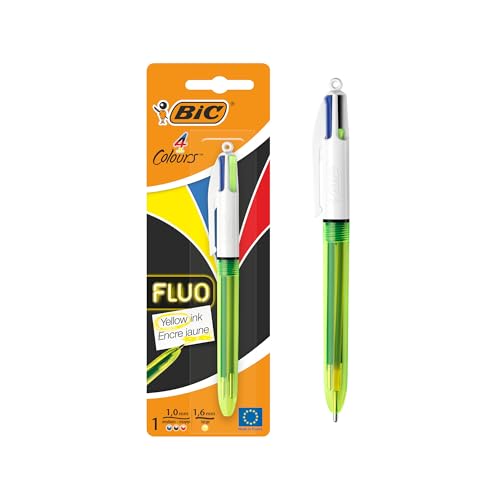 BIC 4 colores Fluo bolígrafos Retráctiles - Tinta Negra, Azul, Rojo y Amarillo Fluorescente, Blíster de 1 Unidad