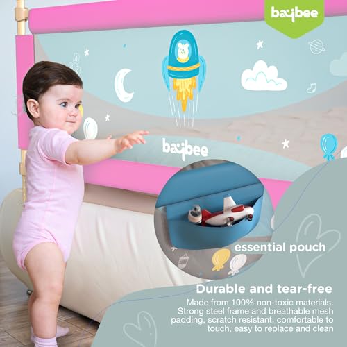 Image of BAYBEE Baby Bed Rails Guard (150x63 cm), Bed Rail for Baby Kids Safety, Portable Bed Rail Falling Protector Fence with Adjustable Height, Foldable Bed Rails for Newborn, Pack of 2, (Pink)