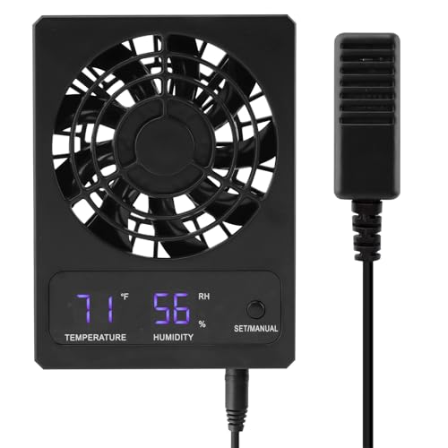 Reptile Ventilation Fan, LED Digital Thermometer and Humidity Gauge Dehumidifier for Pet Rearing Box Reptile Tank, with Humidity Sensor, for Humid Environments, Rainfo-Rest and Ecological Tanks