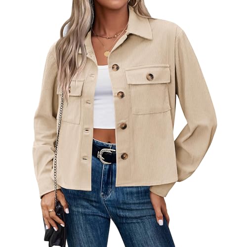 Corduroy Jacket Women Casual Long Sleeve Crop Jackets Tops Trendy Button Down Shacket Lapel Neck Outerwear for Fall