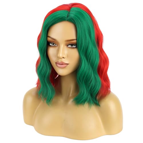 Image of BERON Christmas Short Curly Wavy Wig for Women Girls Red and Green Side Part Costume Heat Resistant Synthetic Wig for Cosplay Party or Daily