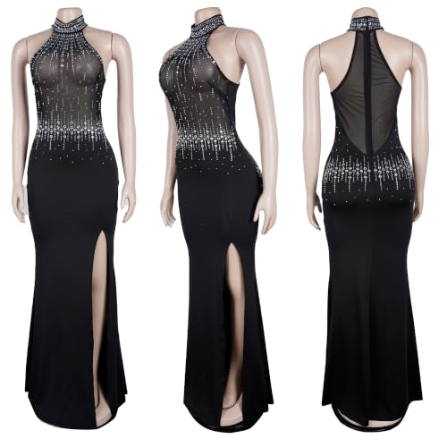 Image of PORRCEY Women's Sexy Rhinestone Mesh See Through Party Night Prom Dress