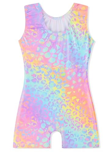 Image of EQSJIU Gymnastics Leotards for Girls Kids Rainbow Mosaic Mermaid Butterfly Stars Leopard Galaxy Tie Dye Cosmos Leopard