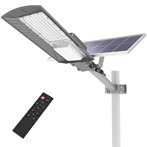 TENKOO 200W Solar Street Light Outdoor Lamp, with Remote Control, Light Control, LED Flood Lights Dusk to Dawn Security Lighting for Yard Garden, Basketball Court (with Arm Pole)