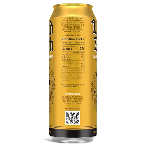 Image of Liquid Death, Mango Chainsaw, Mango-Flavored Sparkling Water, 8-Pack (19.2oz Cans), Low Calorie & No Artificial Sweeteners