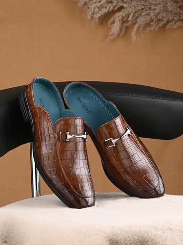 Image of San Frissco Men's Formal Loafers Leatherette Textured Trending Shoes with Buckle,Semi Casual Cushioned Footbed Formal Mules for Party, Slip-On Loafers, Lightweight and Comfortable Shoes