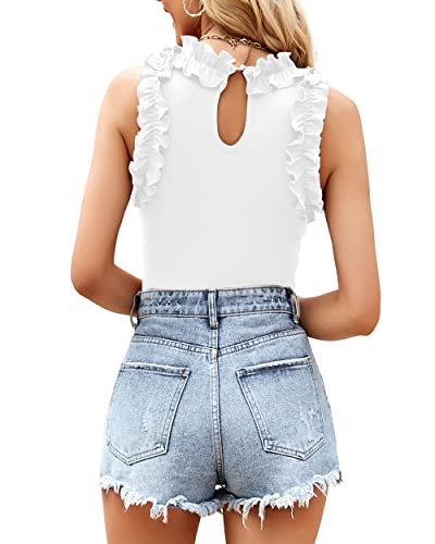 Image of WAYMAKER Women's Sleeveless Racer Back Ruffle Mock Turtle Neck Ribbed Bodysuit Tank Tops